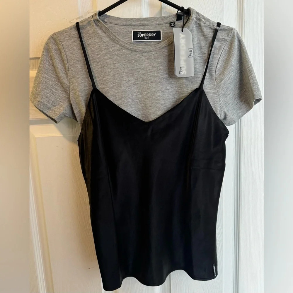SET Superdry satin cami tee black gray layering 90's chic boho Y2K street 2pc XS